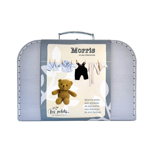 Bär Morris im Koffer mit Kleidung